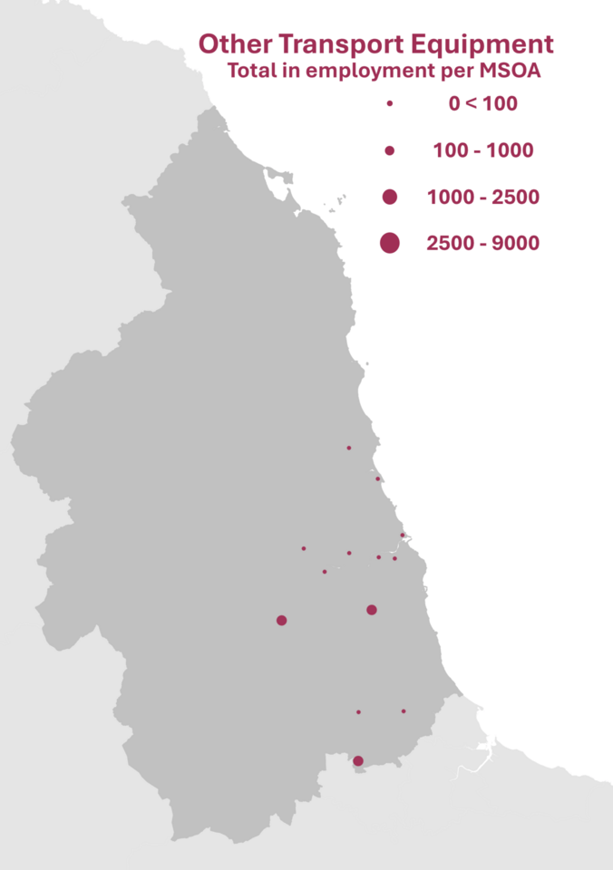 Map of employment locations for transport equipment manufacture excluding motor vehicles